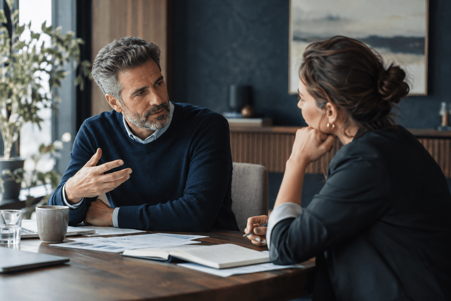 Two senior professionals reviewing customer and growth evidence