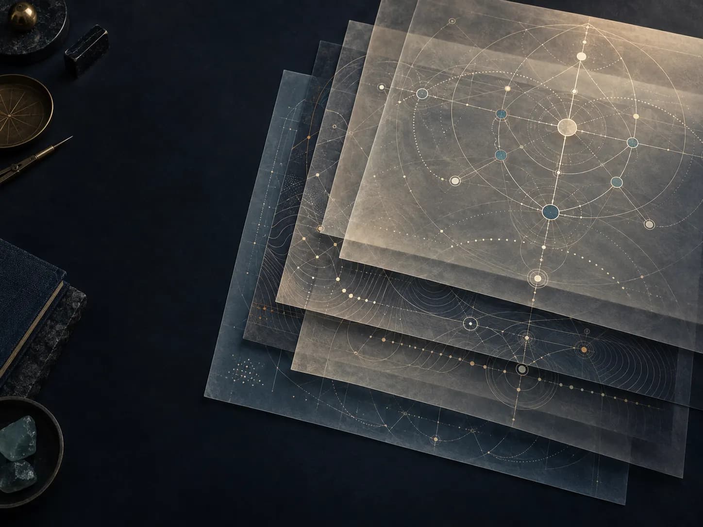 Layered constellation charts aligning on a single North Star