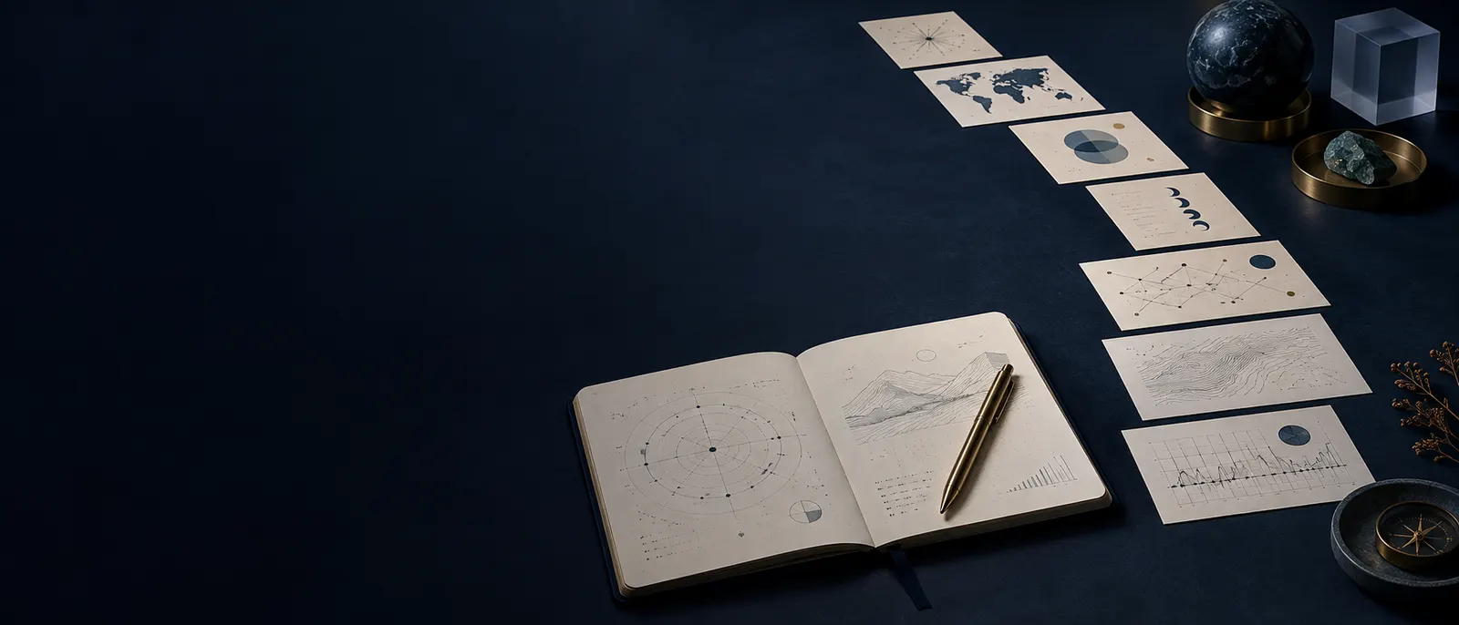 Navigation notebook and chart cards laid out in sequence